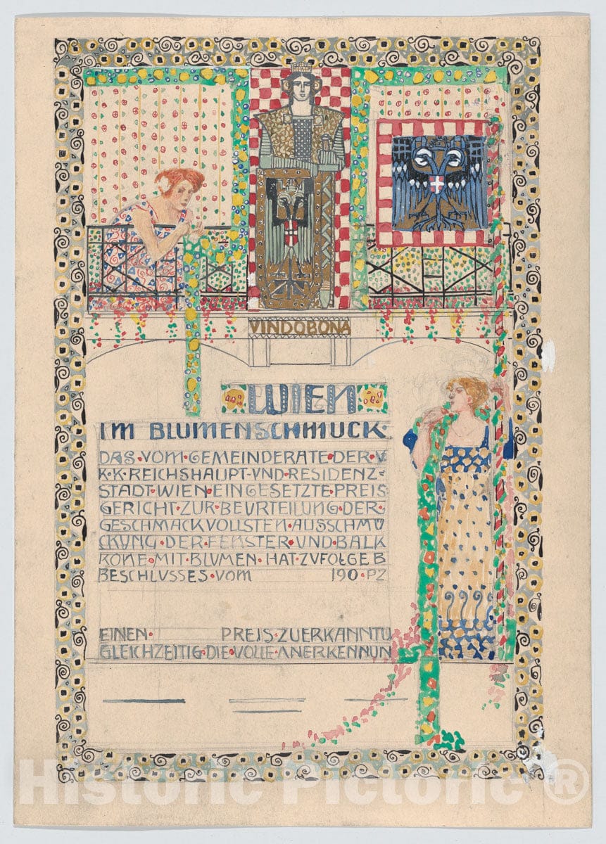 Art Print : Design for a Certificate, Awarded by The City of Vienna for The Most Beautiful Floral Balcony ations (Balcony Above Text) - Artist: Erwin Puchinger - : Vintage Wall Art