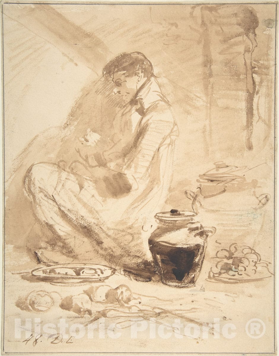 Art Print : British, 19th Century - Man Sitting on The Ground with Jars and Food : Vintage Wall Art