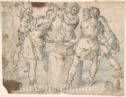Art Print : Netherlandish, 16th Century - Five Men Around an Anvil, Verso: Figures in a Wood (The Preaching of Saint John The Baptist?) : Vintage Wall Art