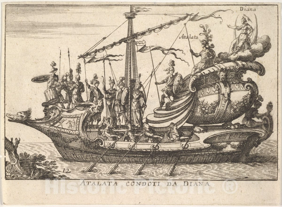 Art Print : Plate 12: Atalanta led by Diana - Artist: Remigio Cantagallina - Created: 1664 : Vintage Wall Art