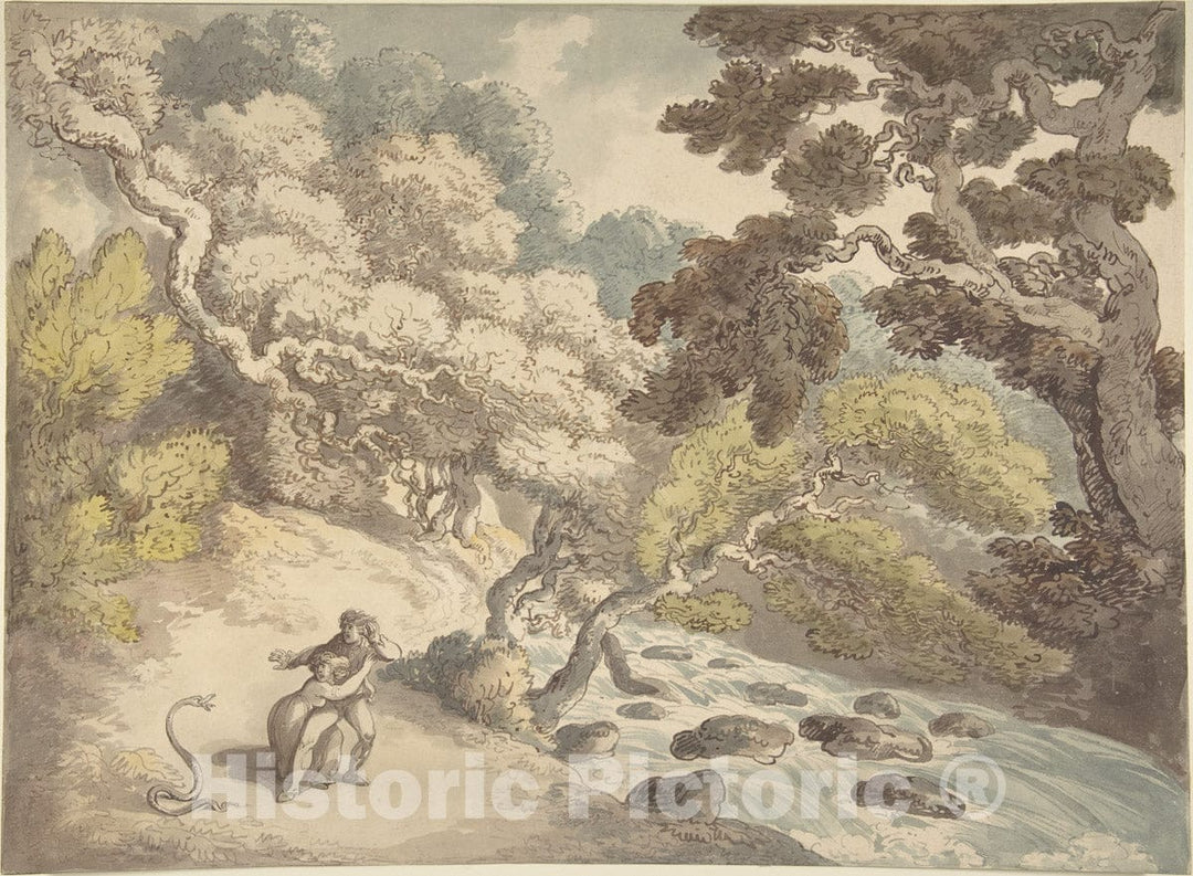 Art Print : Thomas Rowlandson - Landscape with Rushing Stream and a Couple on The Bank, Frightened by a Snake : Vintage Wall Art