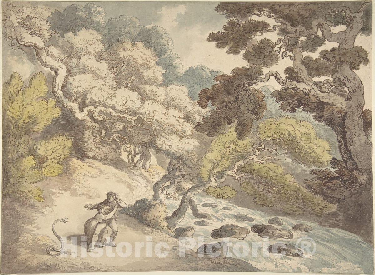 Art Print : Thomas Rowlandson - Landscape with Rushing Stream and a Couple on The Bank, Frightened by a Snake : Vintage Wall Art
