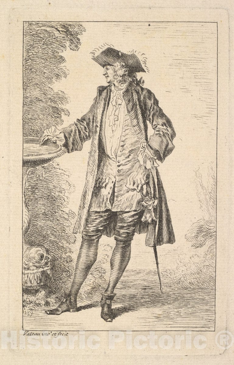 Art Print : Standing Man with his Right Hand Resting on a Basin - Artist: Antoine Watteau - Created: c1710 : Vintage Wall Art