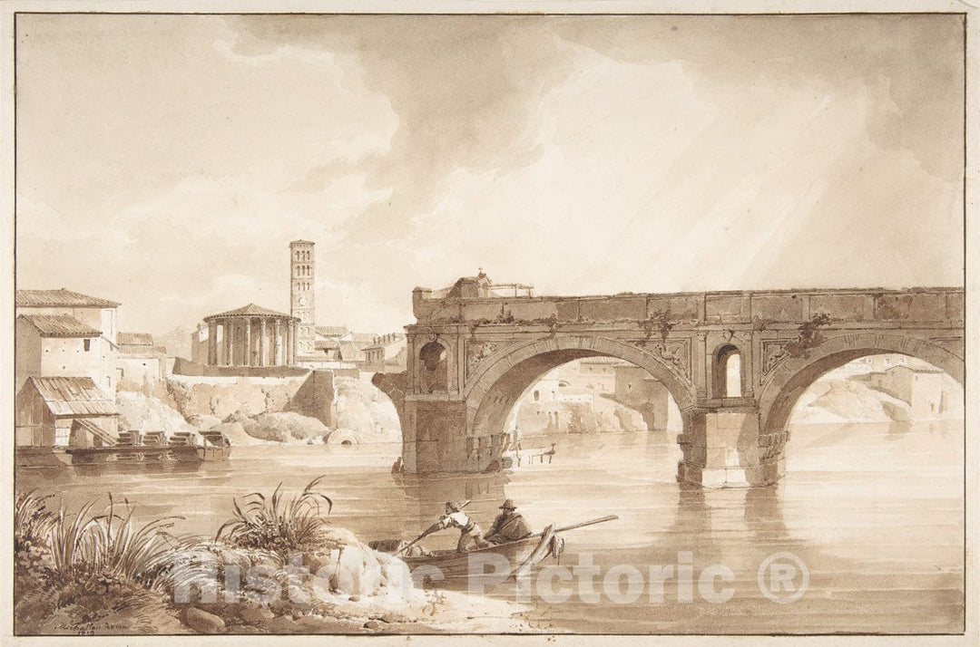 Art Print : Achille-Etna Michallon  - A View of the Tiber from the North Bank, with the Temple of Vesta : Vintage Wall Art