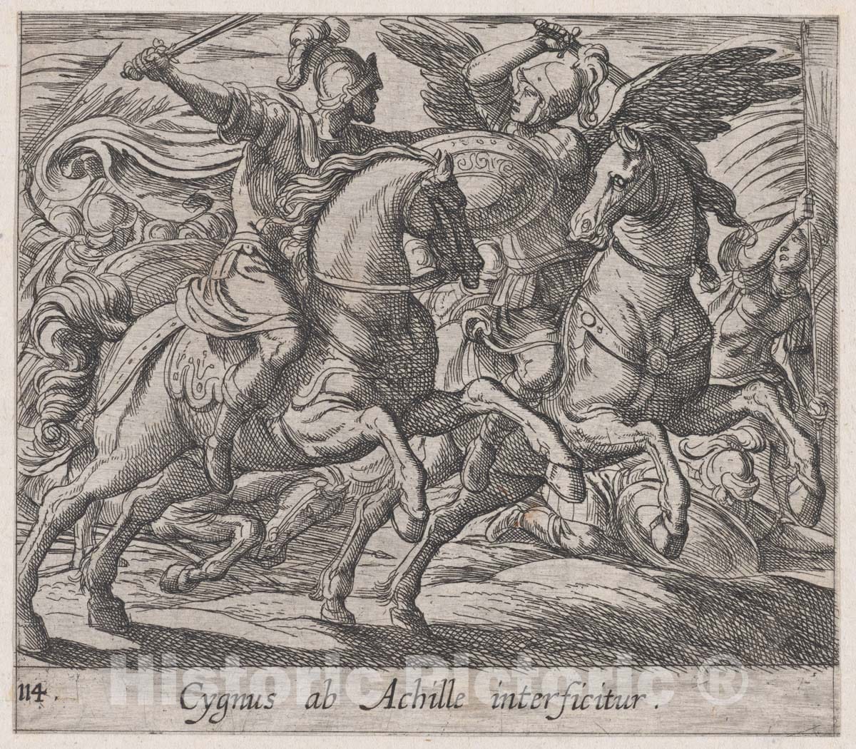 Art Print : Antonio Tempesta - Plate 114: Achilles Battling Cygnus (Cygnus ab Achille interficitur), from Ovid's 'Metamorphoses' : Vintage Wall Art