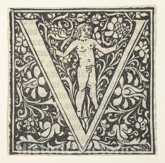 Art Print : Anonymous, Italian, 15th Century - Initial Letter V with putto : Vintage Wall Art