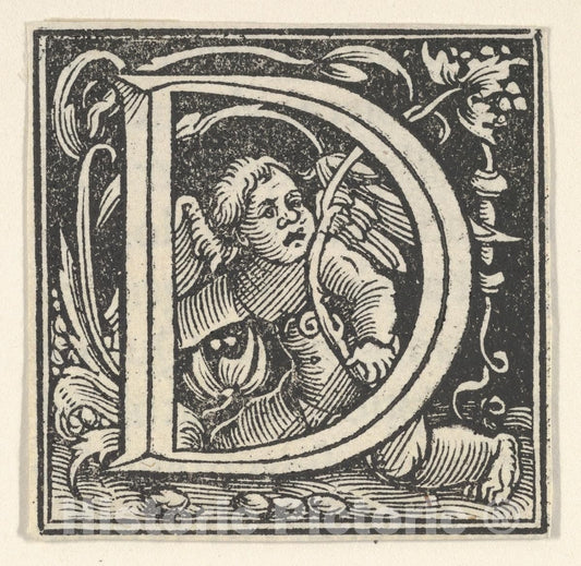 Art Print : Heinrich Vogtherr The Elder - Initial Letter D with putto : Vintage Wall Art