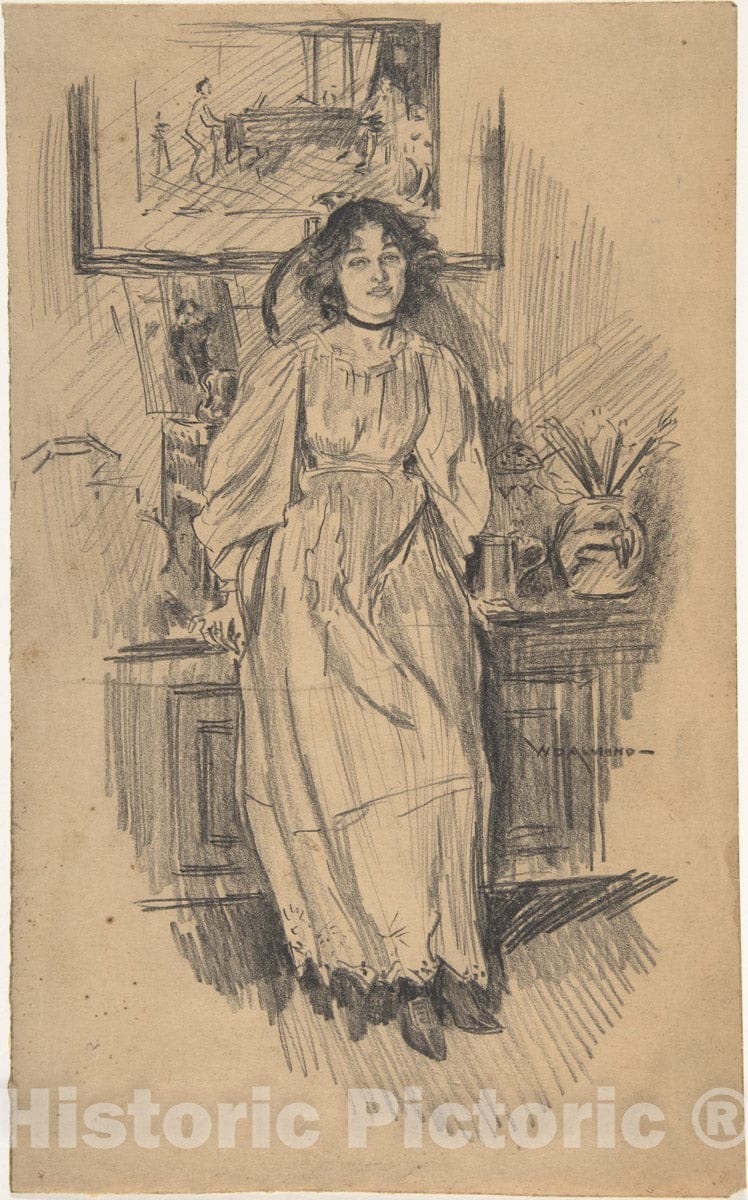 Art Print : William Douglas Almond - Young Woman Leaning Against a Low Cabinet in Artist's Studio : Vintage Wall Art