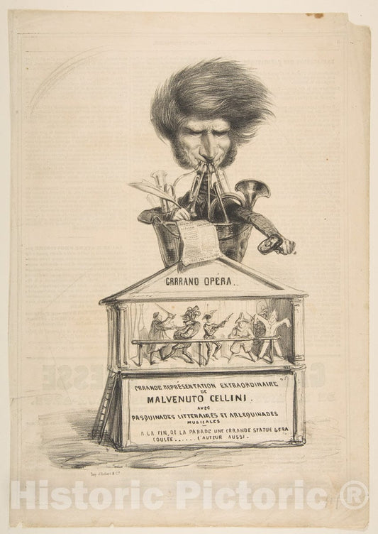Art Print : Benjamin Roubaud (Called Benjamin) - Caricature of Berlioz, from La Caricature Provisoire, no. 1 : Vintage Wall Art