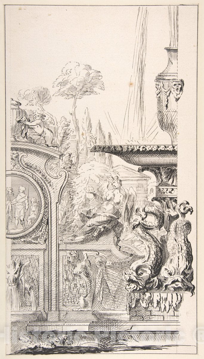 Art Print : Workshop of Gilles-Marie Oppenord - Study for a Garden Capriccio 4 : Vintage Wall Art
