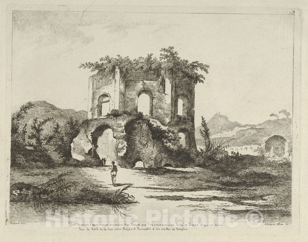 Art Print : Adélaide Allou - Vue d'un Temple. dédié à Diane from Differentes vues dessiné d'après Nature. Dans les Environs de Rome et de Naples : Vintage Wall Art