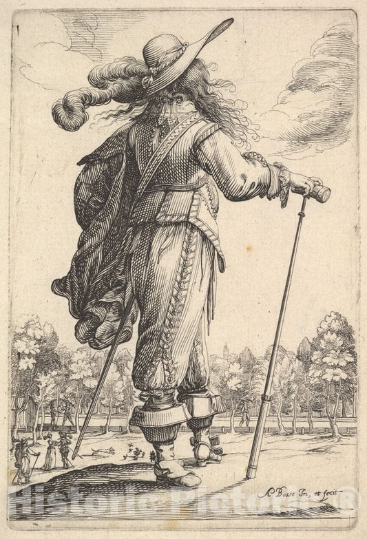 Art Print : Abraham Bosse - A Gentleman, seen from Behind, Walking Towards The Right with a Cane and Wearing a plumed hat : Vintage Wall Art