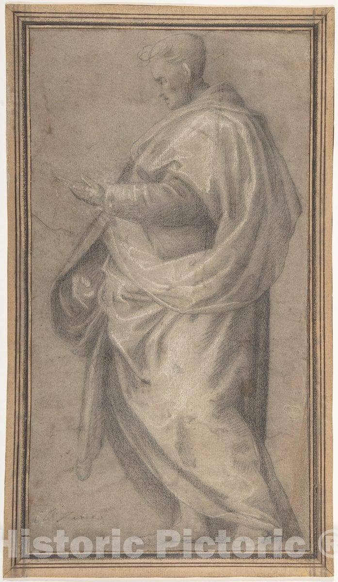 Art Print : Workshop of Fra Bartolomeo (Bartolomeo di Paolo del Fattorino) - Drapery Study for a Standing Male Figure in Profile Facing Left. : Vintage Wall Art
