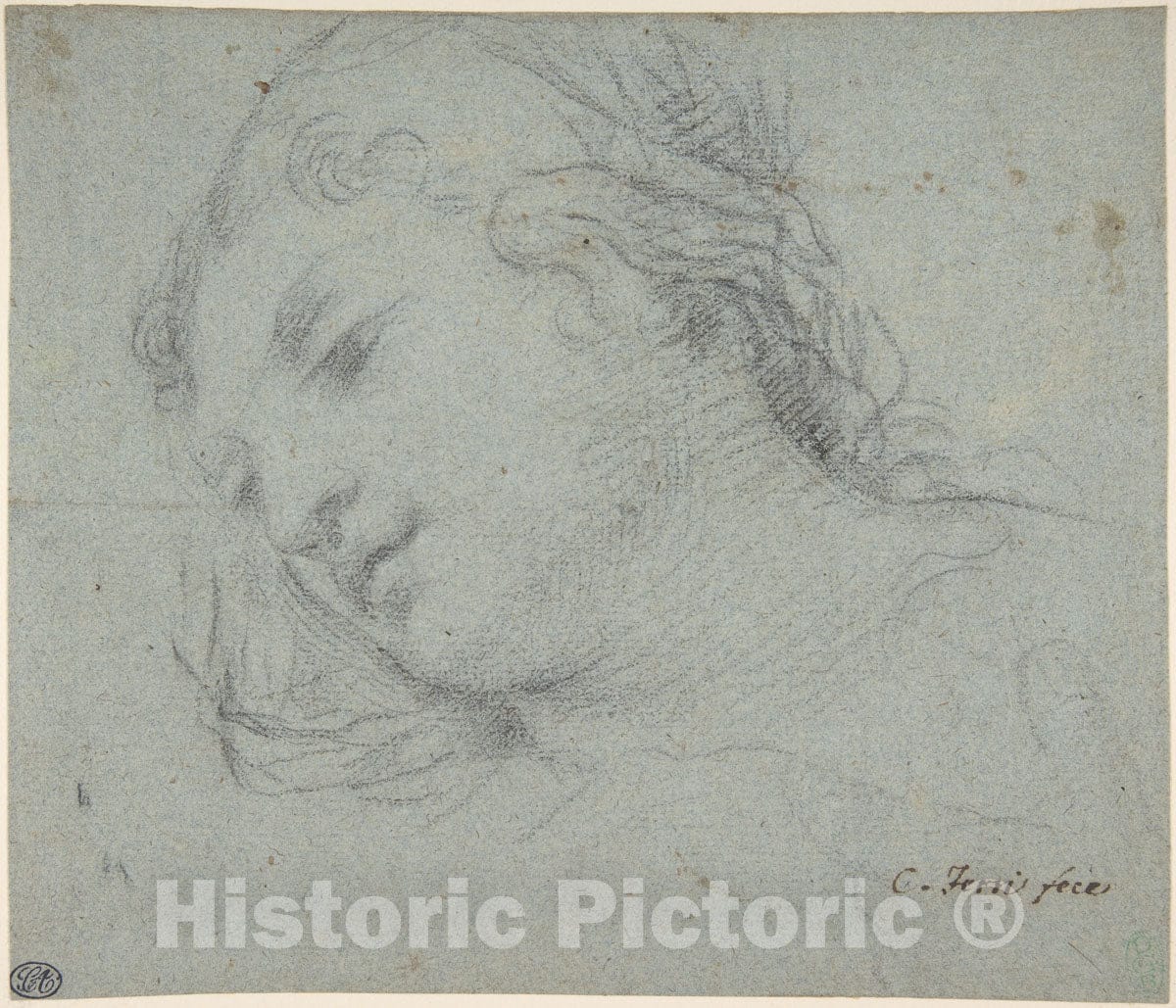 Art Print : Ciro Ferri - Head of a Woman (Recto); Head of a Child, Study of Children's Forearms (Verso) : Vintage Wall Art