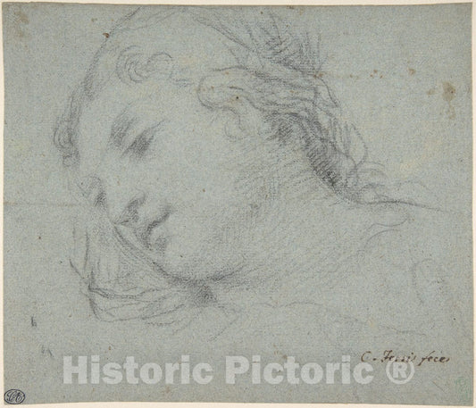 Art Print : Ciro Ferri - Head of a Woman (Recto); Head of a Child, Study of Children's Forearms (Verso) : Vintage Wall Art