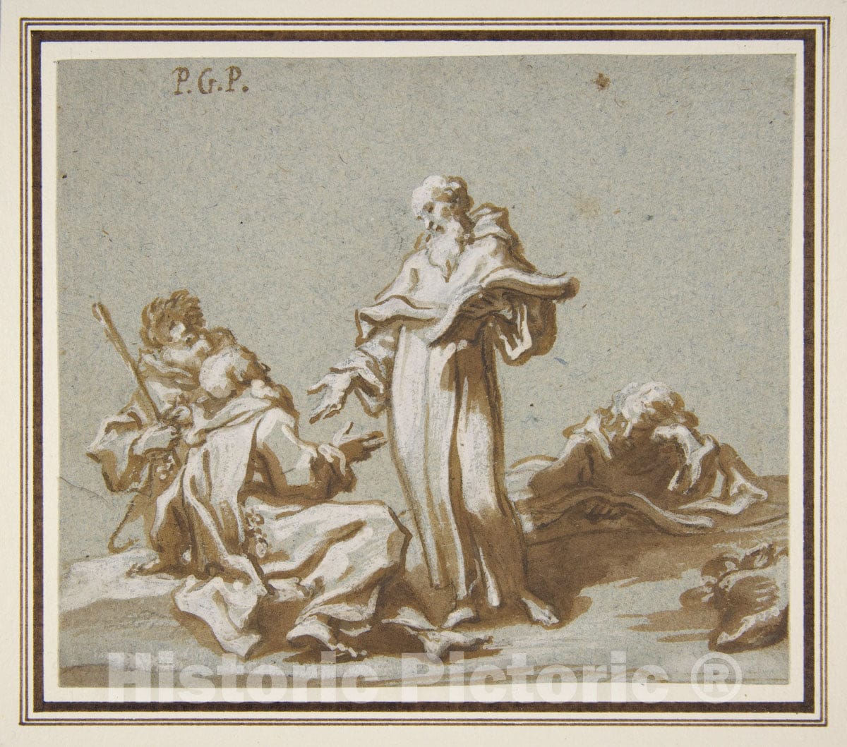 Art Print : Paolo Gerolamo Piola - Scene with Four Figures of Monks Discoursing : Vintage Wall Art