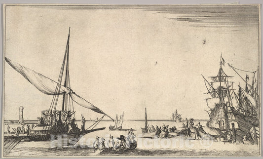 Art Print : A Galley Arriving at Port to Left - Artist: Stefano Della Bella - Created: 1639 : Vintage Wall Art