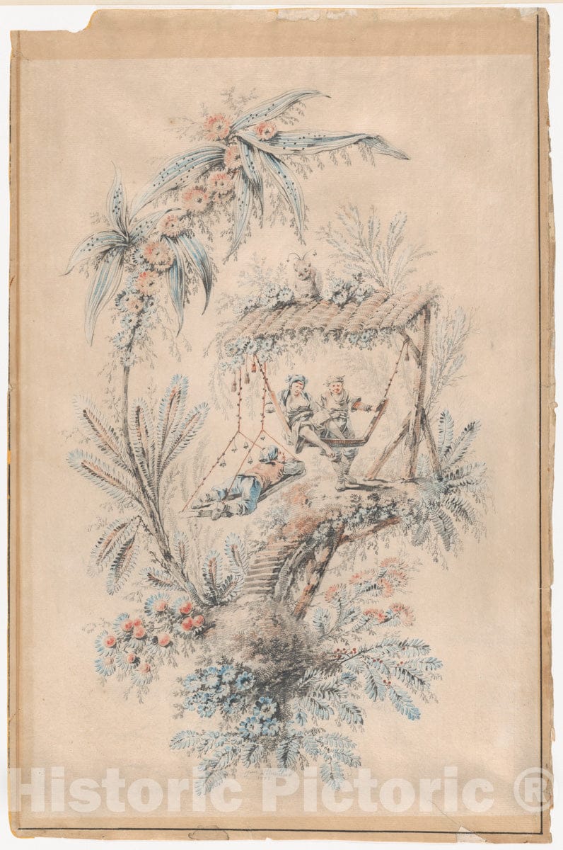 Art Print : Jean Pillement - Decorative Fantasy with Exotic Figures in a Tree House : Vintage Wall Art