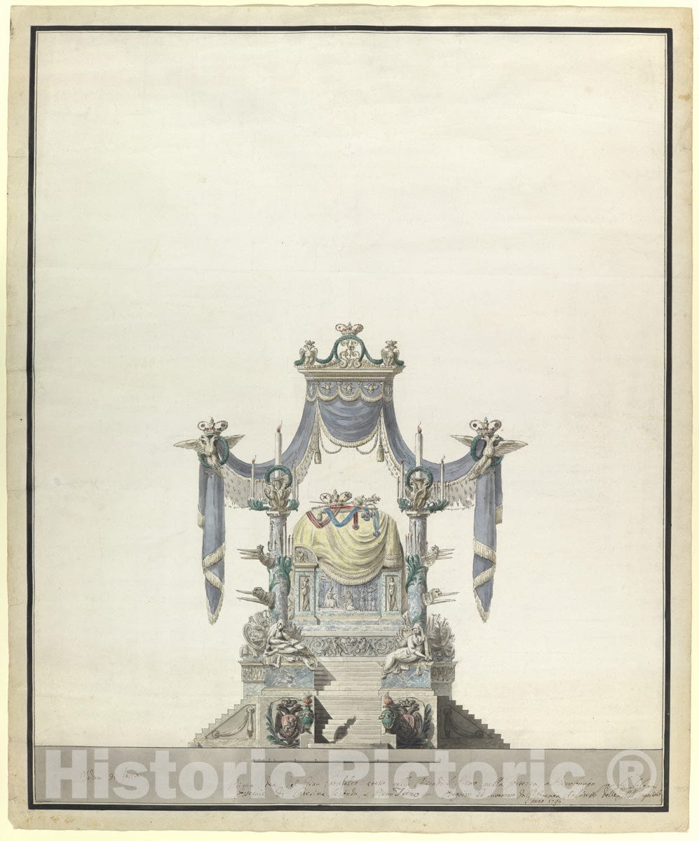 Art Print : Vincenzo Brenna - Catafalque for The Empress Catherine The Great of Russia (Front Elevation). : Vintage Wall Art