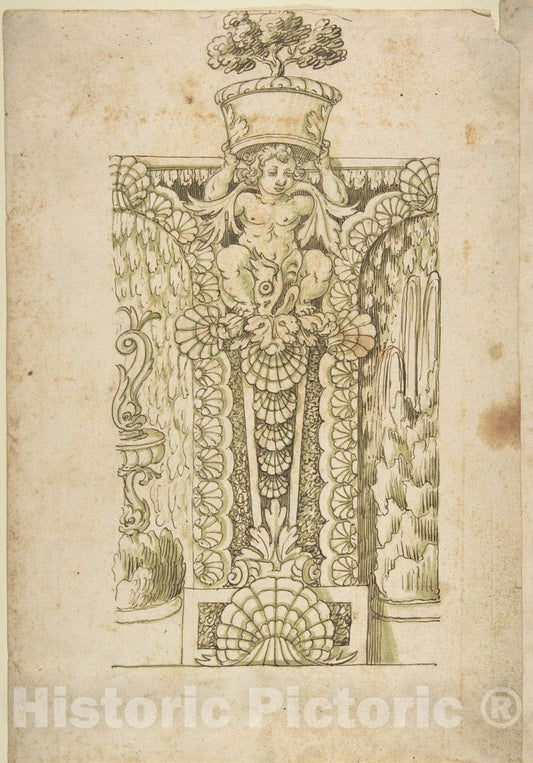 Art Print : Italian, Lombard, 16th Century - Design for a Wall Fountain - 433949 : Vintage Wall Art