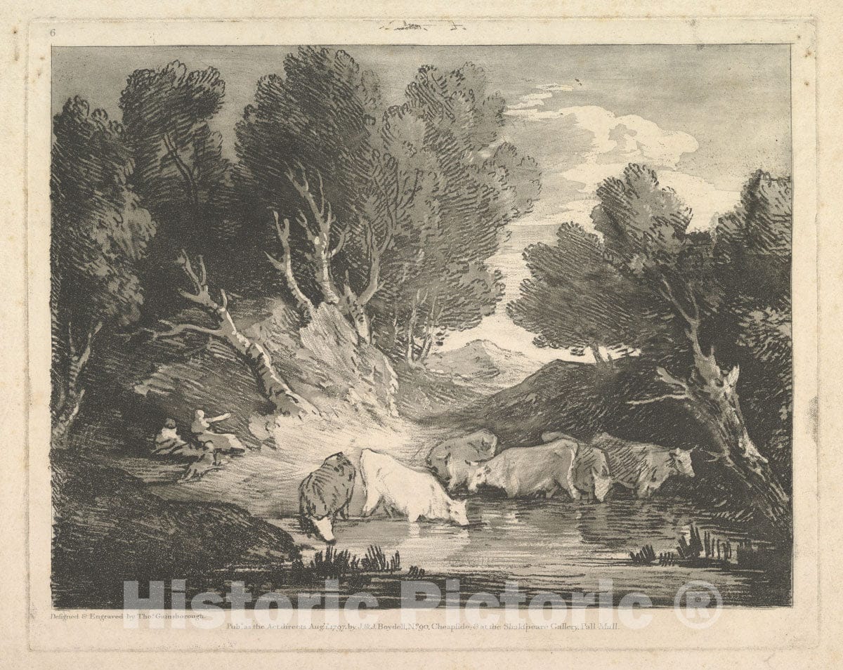 Art Print : Thomas Gainsborough - Wooded Landscape with Figures and Cows at a Watering Place (The Watering Place) : Vintage Wall Art