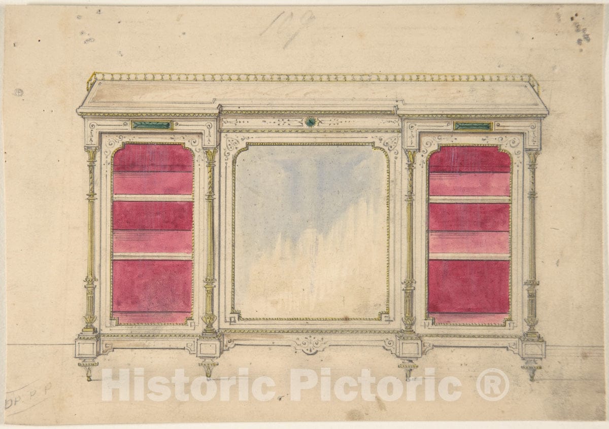 Art Print : British, 19th Century - Cabinet Design with a Mirrored Front and Red Shelves : Vintage Wall Art