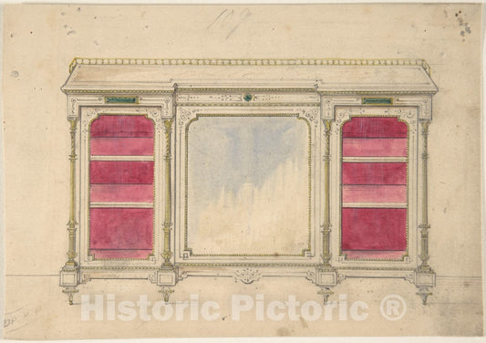 Art Print : British, 19th Century - Cabinet Design with a Mirrored Front and Red Shelves : Vintage Wall Art