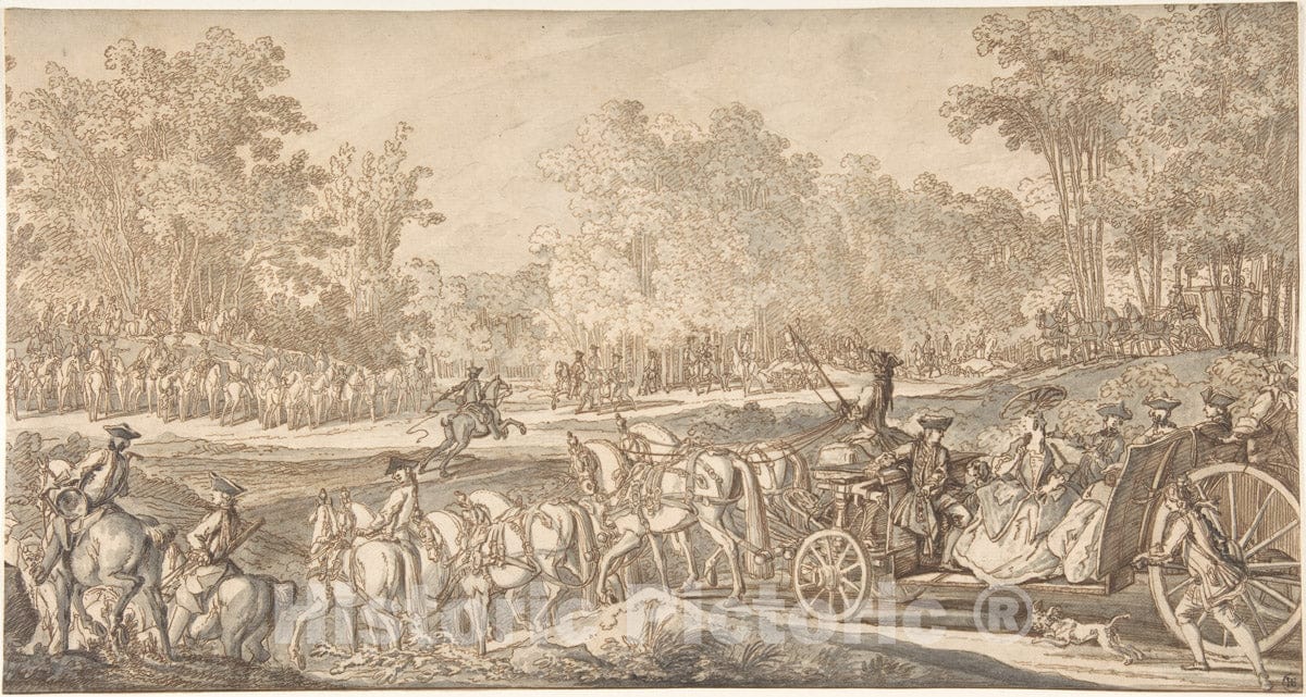 Art Print : Johann Elias Ridinger - The Arrival of The Princely Carriage at The Starting Point of The Hunt : Vintage Wall Art