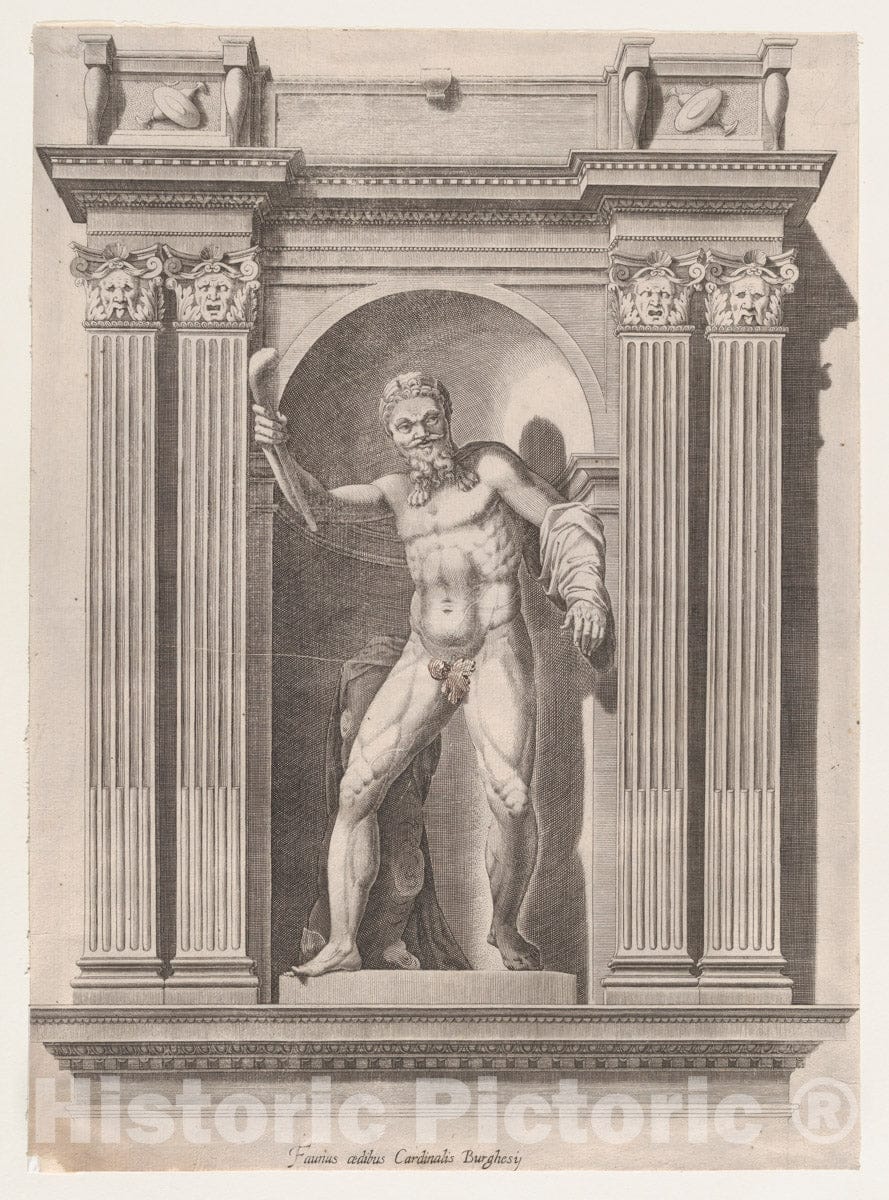 Art Print : Anonymous - Speculum Romanae Magnificentiae: Sculpture of a Faun Standing in a Niche After a Statue in Scipione Borghese's Villa : Vintage Wall Art