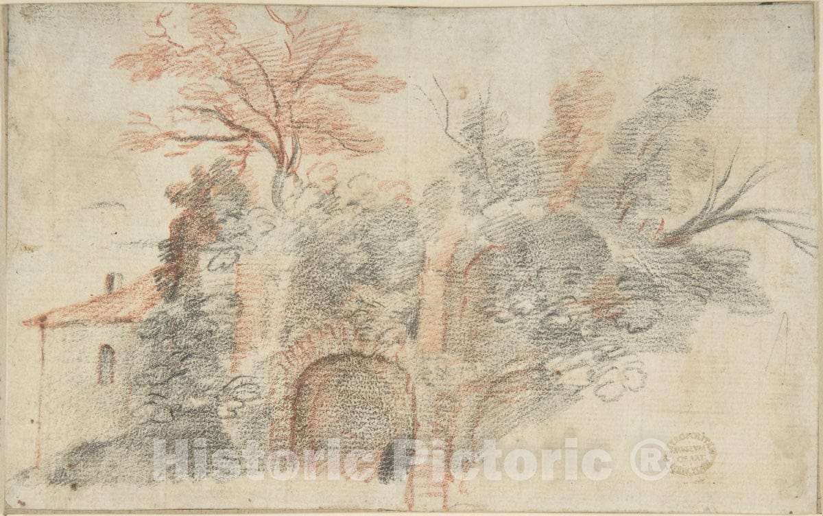 Art Print : Italian, Roman-Bolognese, 17th Century - Ruins and Trees : Vintage Wall Art