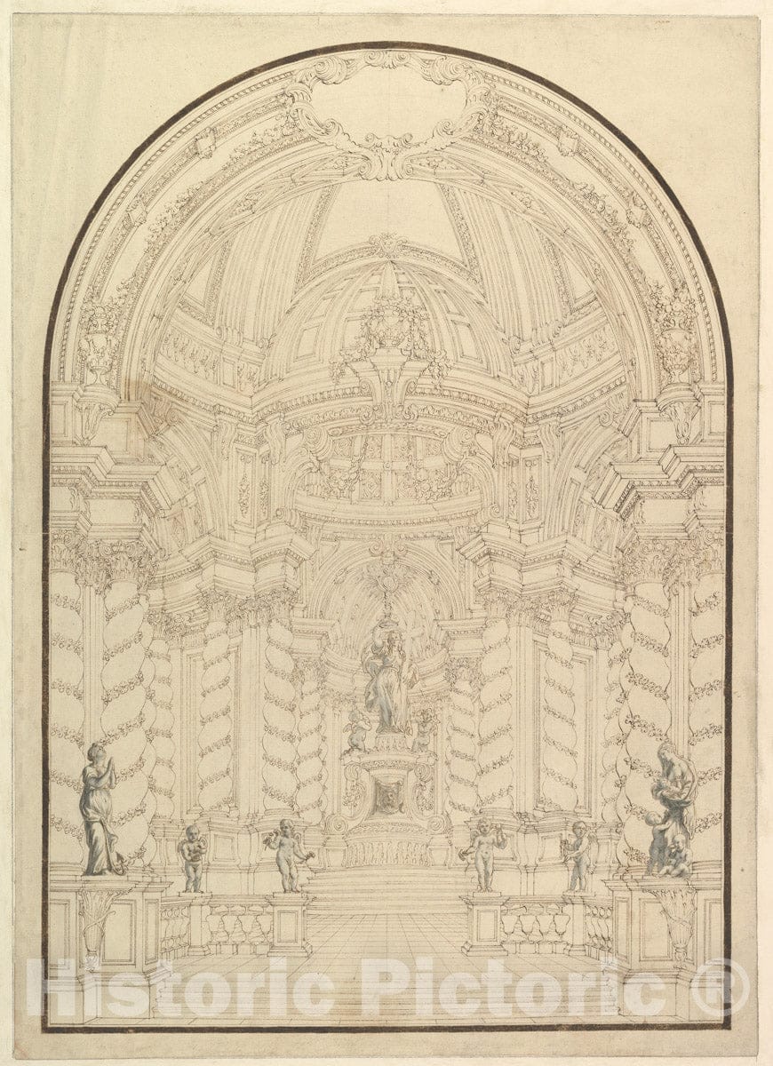 Art Print : A Chapel with Figures of Statues en Grisaille of Faith, Hope and Charity and 4 Putti with Symbols of The Passion. - Artist: Giuseppe Galli Bibiena : Vintage Wall Art
