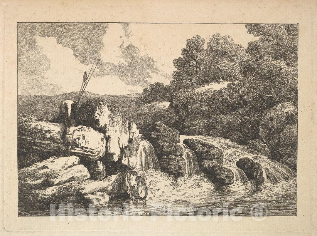Art Print : Thomas Rowlandson - Landscape with Two Fishermen Climbing Rocks Next to a Waterfall : Vintage Wall Art