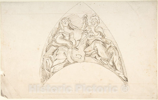 Art Print : Italian, Piedmontese, 18th Century - Design for a Pedentive Decoration: Two Women with Musical Instruments : Vintage Wall Art