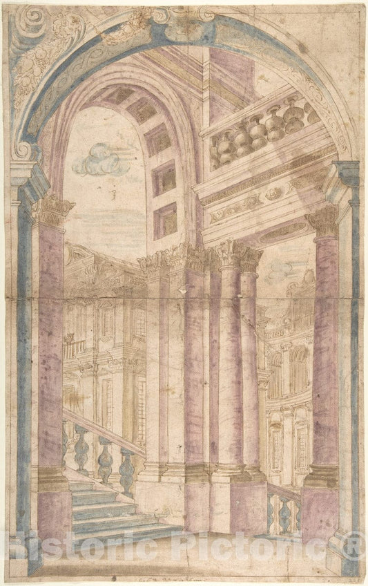 Art Print : Italian, Piedmontese, 18th Century - Design for a Painted Wall Decoration: Architectural Perspective Seen Through an Arch : Vintage Wall Art