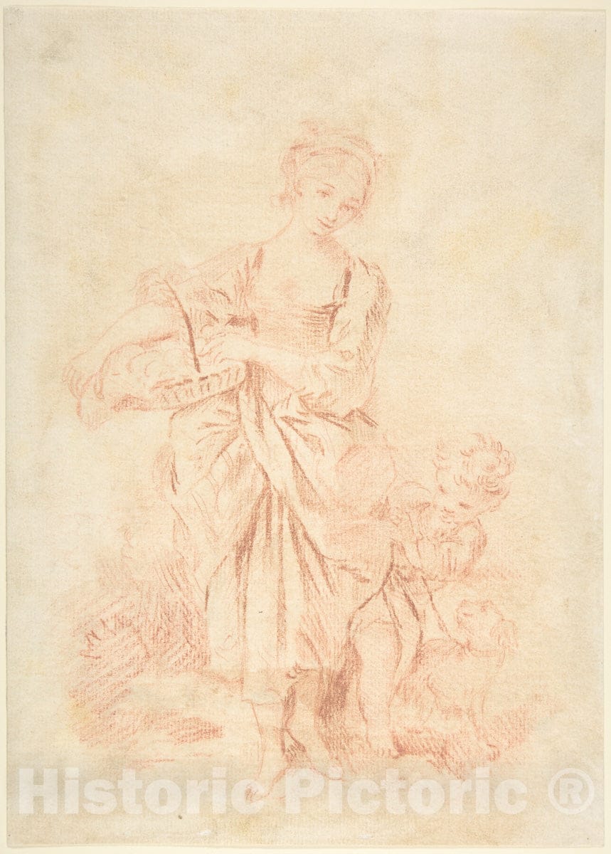 Art Print : François Boucher - Young Girl with a Boy and a Dog : Vintage Wall Art