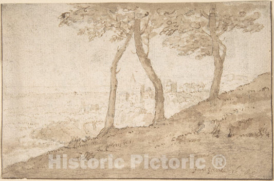 Art Print : Dutch, 17th Century - Landscape Near Rome; Verso: Fountain : Vintage Wall Art