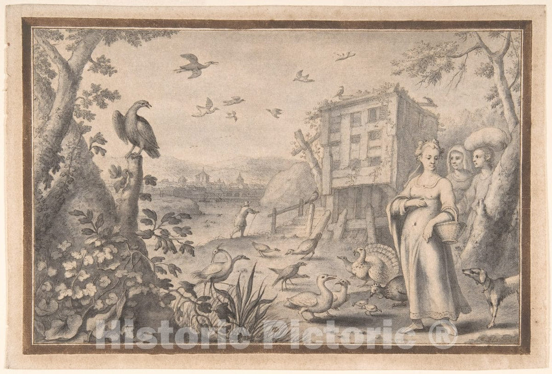 Art Print : Albert Flamen - Landscape with Three Figures and Birds : Vintage Wall Art