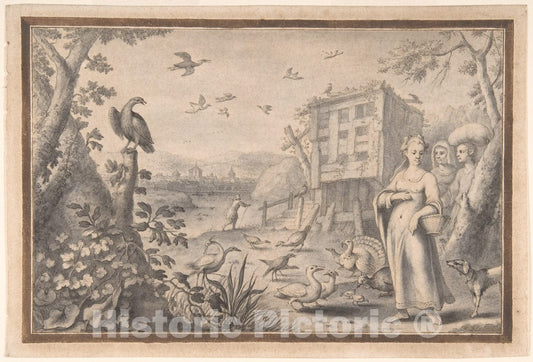 Art Print : Albert Flamen - Landscape with Three Figures and Birds : Vintage Wall Art