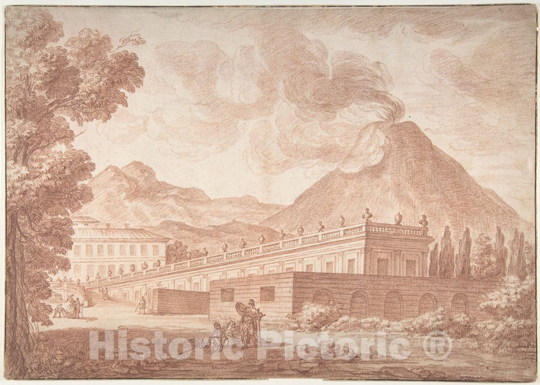 Art Print : Formerly Joseph Benoît Suvée - The Palazzo Reale at Pórtici with Vesuvius in The Background : Vintage Wall Art