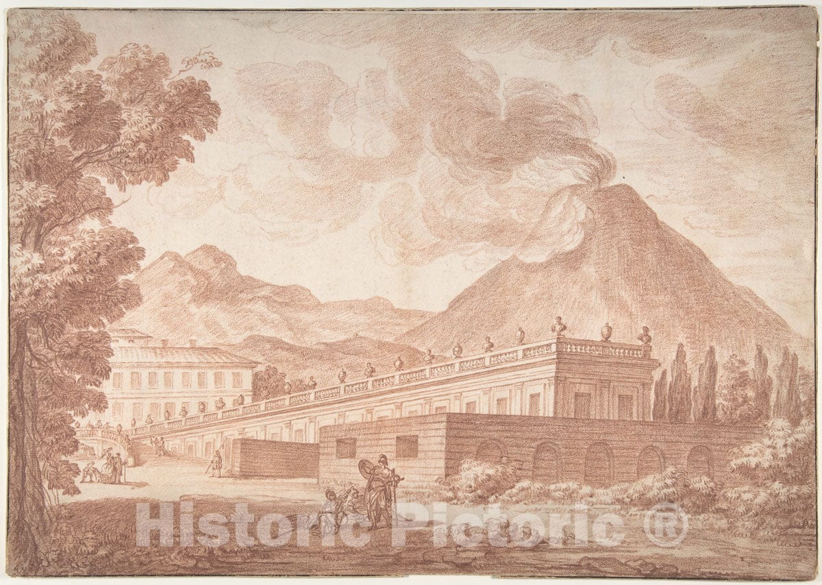 Art Print : Formerly Joseph Benoît Suvée - The Palazzo Reale at Pórtici with Vesuvius in The Background : Vintage Wall Art