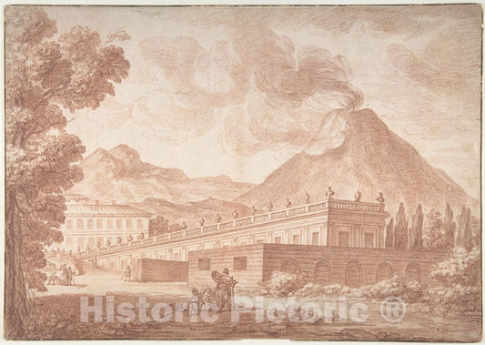 Art Print : Formerly Joseph Benoît Suvée - The Palazzo Reale at Pórtici with Vesuvius in The Background : Vintage Wall Art