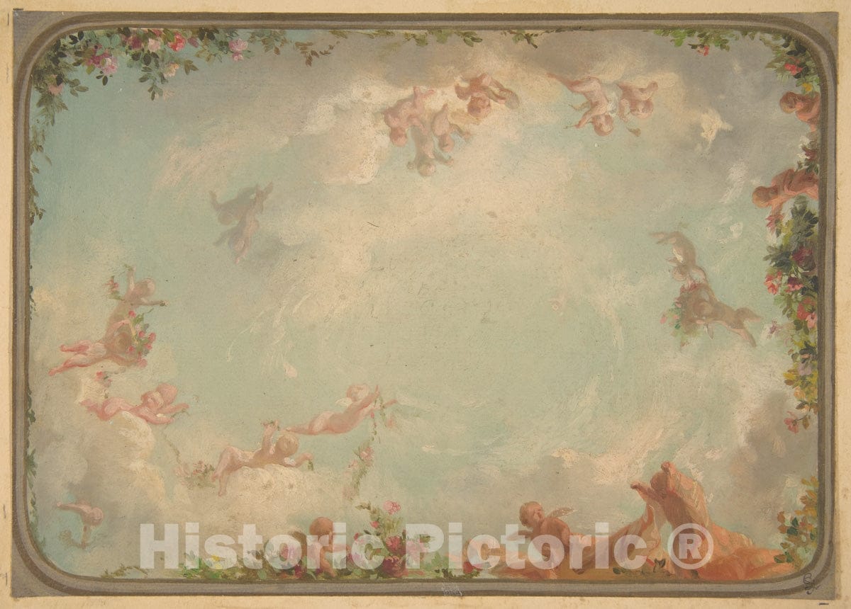 Art Print : Jules-Edmond-Charles Lachaise - Design for a Ceiling Painted with putti in Clouds with Roses : Vintage Wall Art