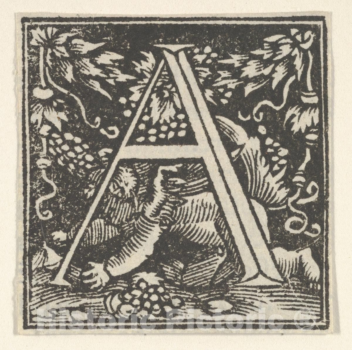 Art Print : Heinrich Vogtherr The Elder - Initial Letter A with putto : Vintage Wall Art
