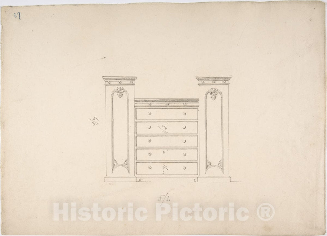 Art Print : British, 19th Century - Design for a Cabinet with Central Drawers and Palmeate Ornament : Vintage Wall Art