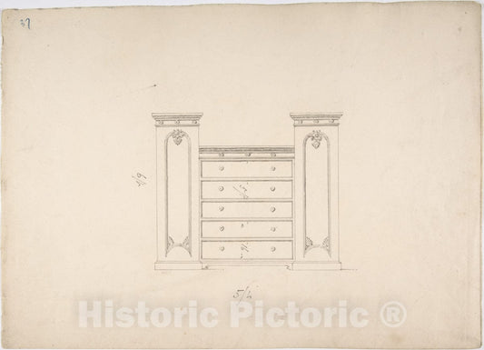 Art Print : British, 19th Century - Design for a Cabinet with Central Drawers and Palmeate Ornament : Vintage Wall Art