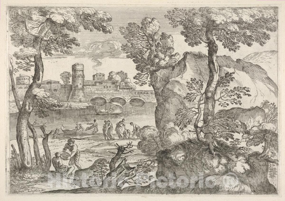 Art Print : Landscape with Bridge Traversing a River Occupied with Three Small Boats - Artist: Giovanni Francesco Grimaldi - Created: c1626 : Vintage Wall Art