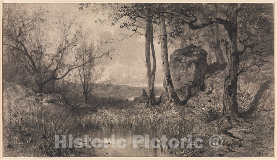 Art Print : Adolphe Appian - A Pond with a Fisherman Along The River Ain : Vintage Wall Art