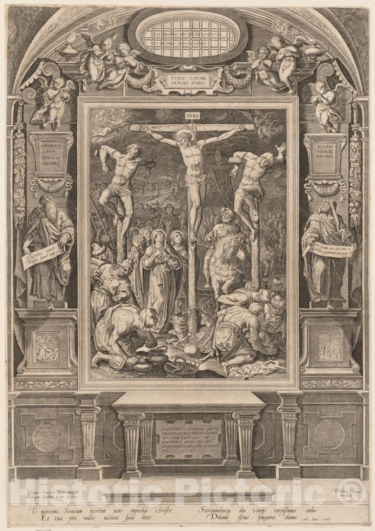Art Print : Engraved by Philips Galle - Christ on The Cross Between Two Thieves : Vintage Wall Art