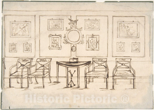 Art Print : British, Late 18th Century - Interior with Four Armchairs, a Round Mirror, Demilune Table and Framed Prints or Drawings : Vintage Wall Art