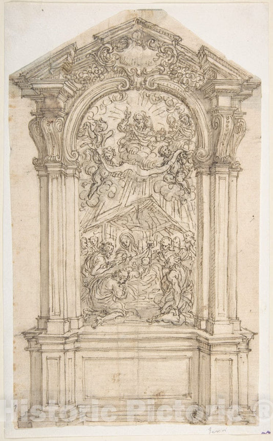 Art Print : Giovanni Battista Foggini - Design for an Altar with a Painting of The Adoration of The Shepherds and God The Father Above : Vintage Wall Art